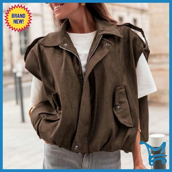 Faux Suede Cropped Bomber Vest, Oversized Fit, Lapel Collar, Zip Closure - Picture 3 of 8